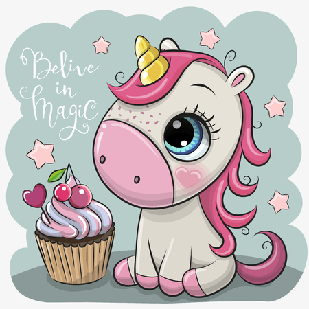 Cute Cartoonl unicorn with cupcake on a blue backgroundのイラスト素材