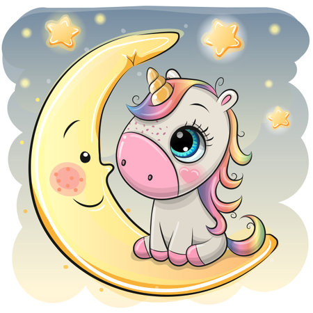 Cute Cartoon Unicorn in a pilot hat is sitting on the moonのイラスト素材