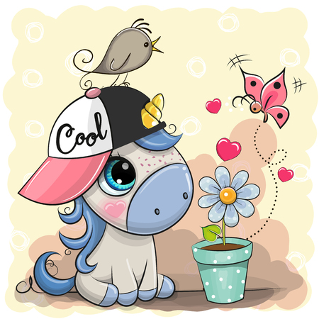 Greeting card cute cartoon Unicorn in a cap with flowerのイラスト素材