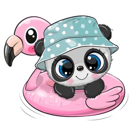 Cute cartoon Baby Panda in panama hat swimming on pool ring inflatable flamingoのイラスト素材