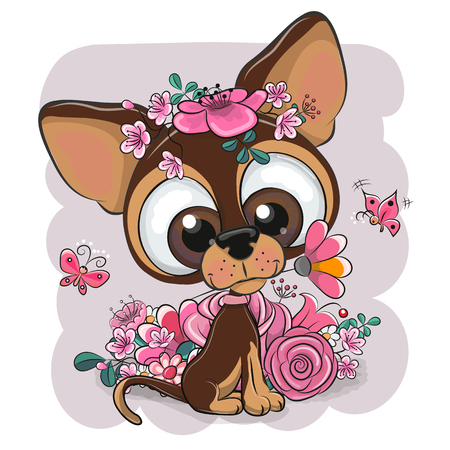 Greeting card Puppy with flower on a pink backgroundのイラスト素材
