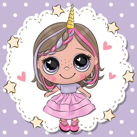Cute Cartoon Unicorn Girl with horn in a pink skirtのイラスト素材