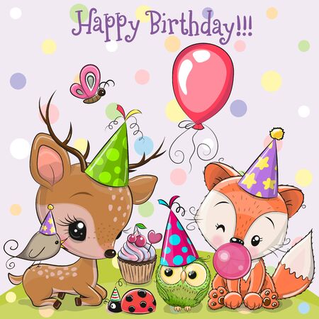 Birthday card with Cute Deer and Fox owls with balloon and bonnetsのイラスト素材