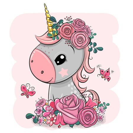 Cute Cartoon Unicorn with flowers on a pink backgroundのイラスト素材