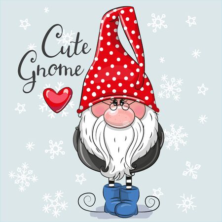 Greeting Christmas card Cute Cartoon Gnome on a blue backgroundのイラスト素材
