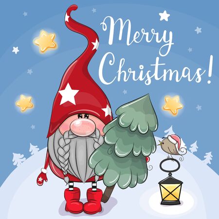 Greeting Christmas card Cute Cartoon Gnome with Christmas tree on a blue backgroundのイラスト素材