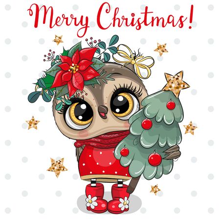 Greeting Christmas card Cute Cartoon Owl with Christmas tree on a white backgroundのイラスト素材
