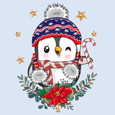 Vector illustration Cute cartoon Penguin with Christmas wreathのイラスト素材