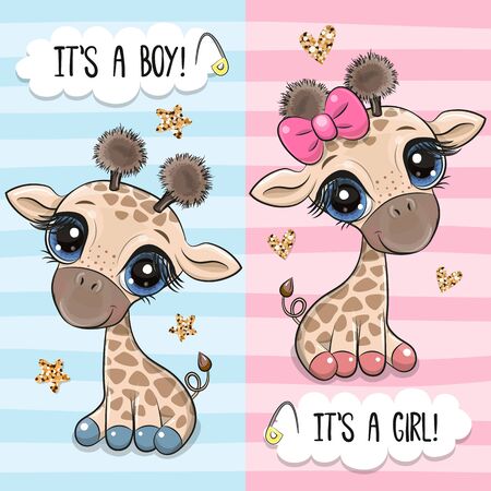 Baby Shower greeting card with two Cute Cartoon Giraffesのイラスト素材
