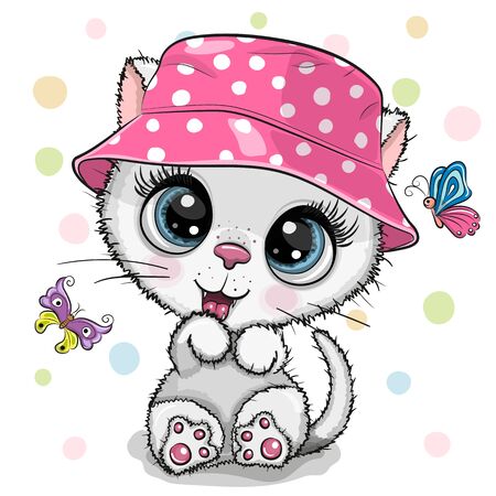 Cute Cartoon white Kitten in a panama hat and butterflies on a white backgroundのイラスト素材