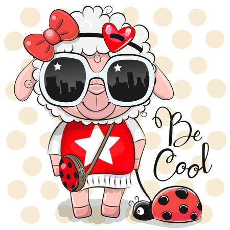 Cool Cartoon Cute Sheep with sun glasses and ladybugのイラスト素材