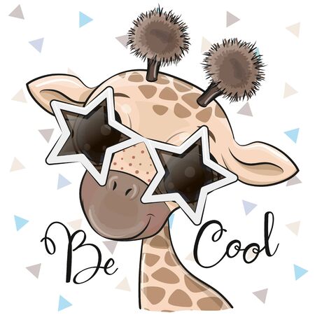 Cool Cartoon Cute Giraffe with sun glasses in the shape of starsのイラスト素材