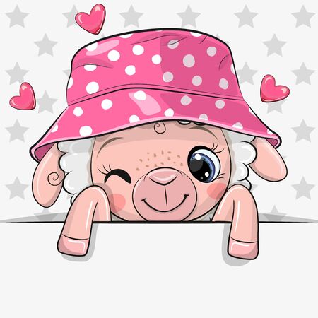 Cute Cartoon Sheep with panama hat on a stars backgroundのイラスト素材