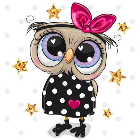Cute Cartoon Owl on a dots backgroundのイラスト素材