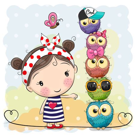 Cute Cartoon Girl and owls on a blue backgroundのイラスト素材