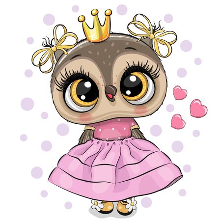 Cute Cartoon Owl Princess in a pink dress with hearts isolated on a white backgroundのイラスト素材