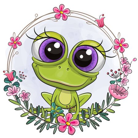 Vector illustration Cute cartoon Frog with a flower wreathのイラスト素材