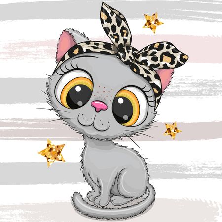 Cute Cartoon gray Kitten girl with a bow isolated on a striped backgroundのイラスト素材