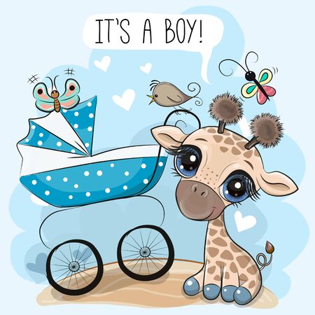 Greeting card its a boy with baby carriage and Cute Giraffeのイラスト素材