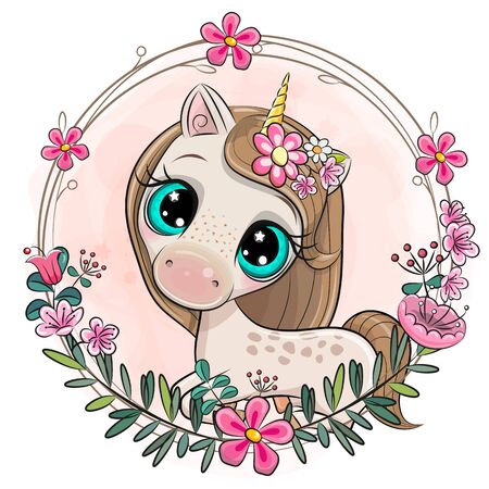 Cute Cartoon Unicorn with flowers on a pink backgroundのイラスト素材