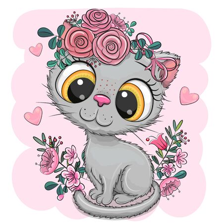 Cute Cartoon British Kitten with flowers on a white backgroundのイラスト素材