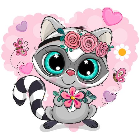 Cute Cartoon Raccoon girl with flower on a heart backgroundのイラスト素材