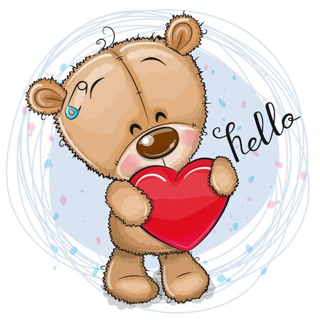 Cute Cartoon Teddy Bear with heart on a blue backgroundのイラスト素材