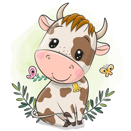 Cute Cartoon little bull on a green backgroundのイラスト素材