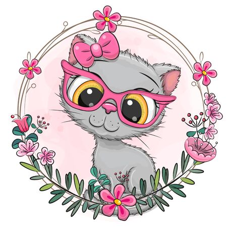 Cute Cartoon Gray kitten with a floral wreathのイラスト素材