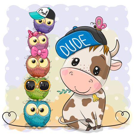 Cute Cartoon Little Bull and owls on a blueのイラスト素材