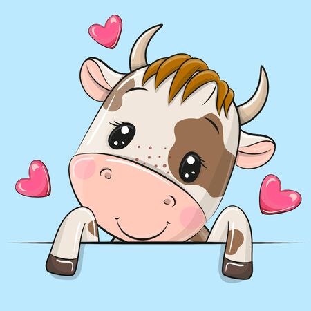 Cute Cartoon Bull on a blue backgroundのイラスト素材