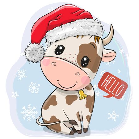 Cute Cartoon Bull in Santa hat on a blueのイラスト素材