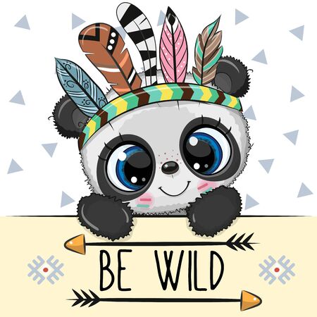 Cute Cartoon tribal Panda with feathersのイラスト素材