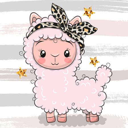 Cute Cartoon Pink Alpaca with a bow isolated on a striped backgroundのイラスト素材