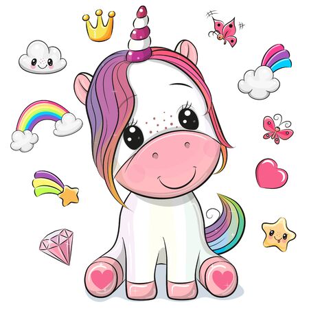 Cute Cartoon Unicorn and set of cute design elementsのイラスト素材