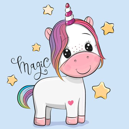 Cute Cartoon Unicorn and stars on a blue backgroundのイラスト素材