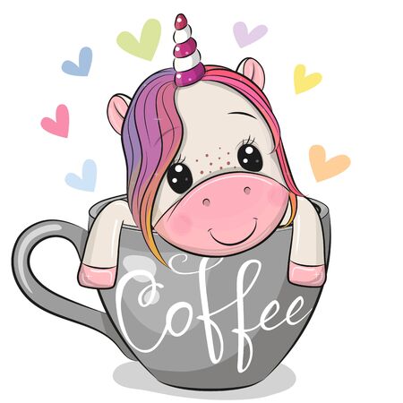 Cute Cartoon Unicorn is sitting in a Cup of coffeeのイラスト素材