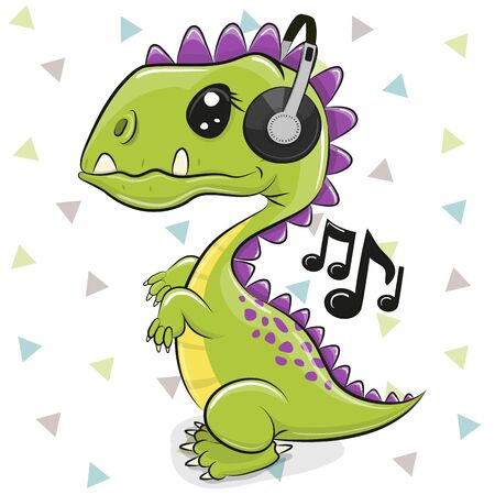Cartoon Dinosaur with headphones isolated on a white backgroundのイラスト素材