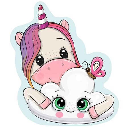 Cute Cartoon Unicorn with cloud on a white backgroundのイラスト素材