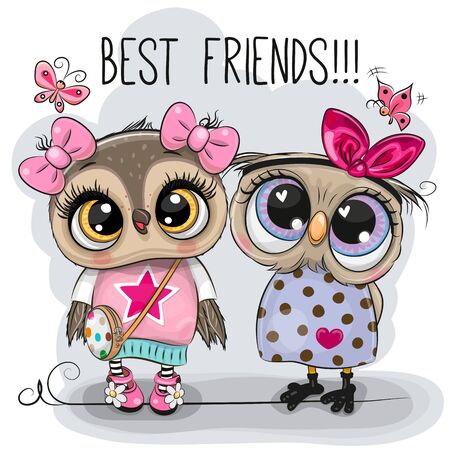  Two Cute cartoon Owls on a gray backgroundのイラスト素材