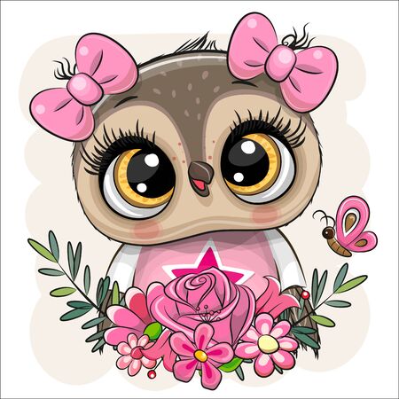 Cute Cartoon Owl with flowers on a white backgroundのイラスト素材