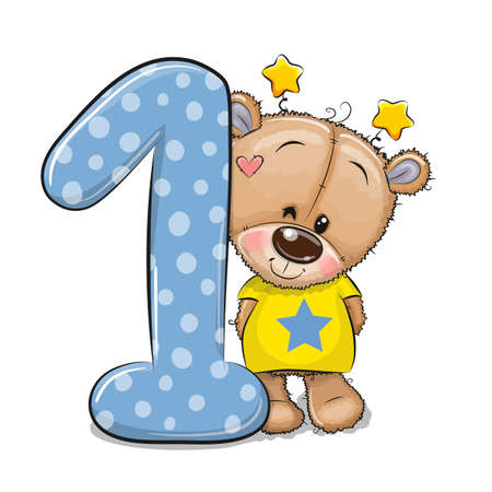 Cute Cartoon Teddy Bear and number one isolated on a white backgroundのイラスト素材