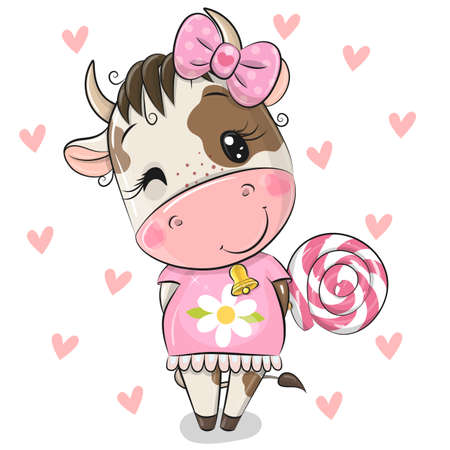 Cute Cartoon Cow on a hearts backgroundのイラスト素材
