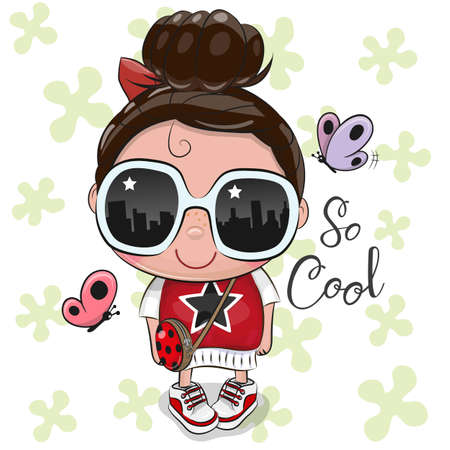 Cute Cartoon Girl in a red dress with sun glassesのイラスト素材
