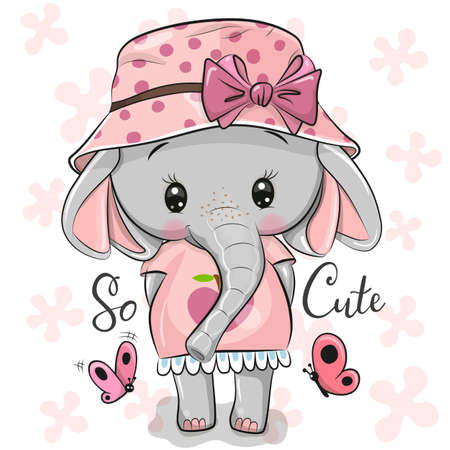 Cute Cartoon Elephant Girl in a pink dress with hat and bowのイラスト素材