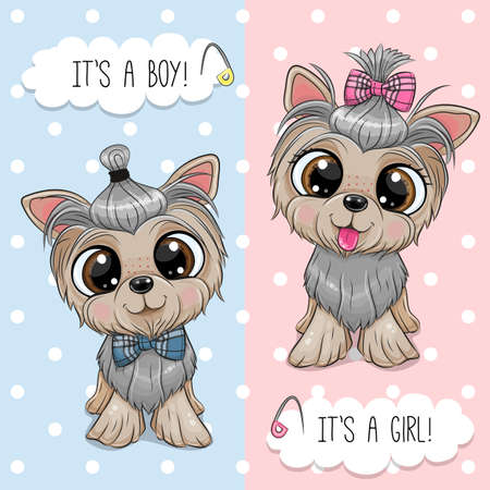Cute cartoon Dogs Yorkshire Terrier boy and girlのイラスト素材