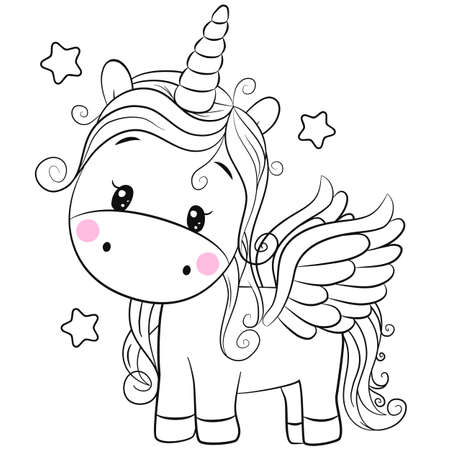 Cute Cartoon unicorn with stars outlined for coloring book isolated on a white backgroundのイラスト素材