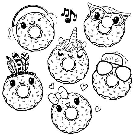 Set of Cute Cartoon Donuts isolated on a white backgroundのイラスト素材