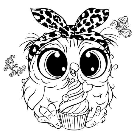 Cute Cartoon Owl with butterlies outlined for coloring book isolated on a white backgroundのイラスト素材