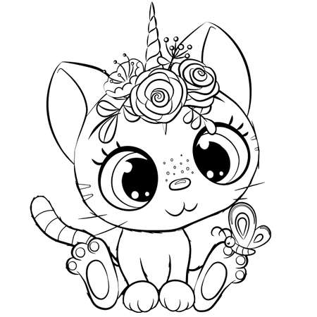 Cute Cartoon Kitty unicorn outlined for coloring book isolated on a white backgroundのイラスト素材
